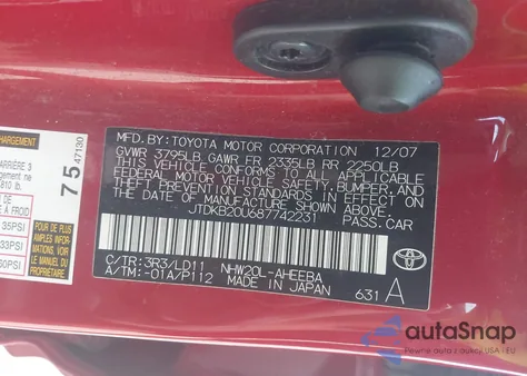 2008 Toyota Prius from USA, damaged, VIN JTDKB20U687742231